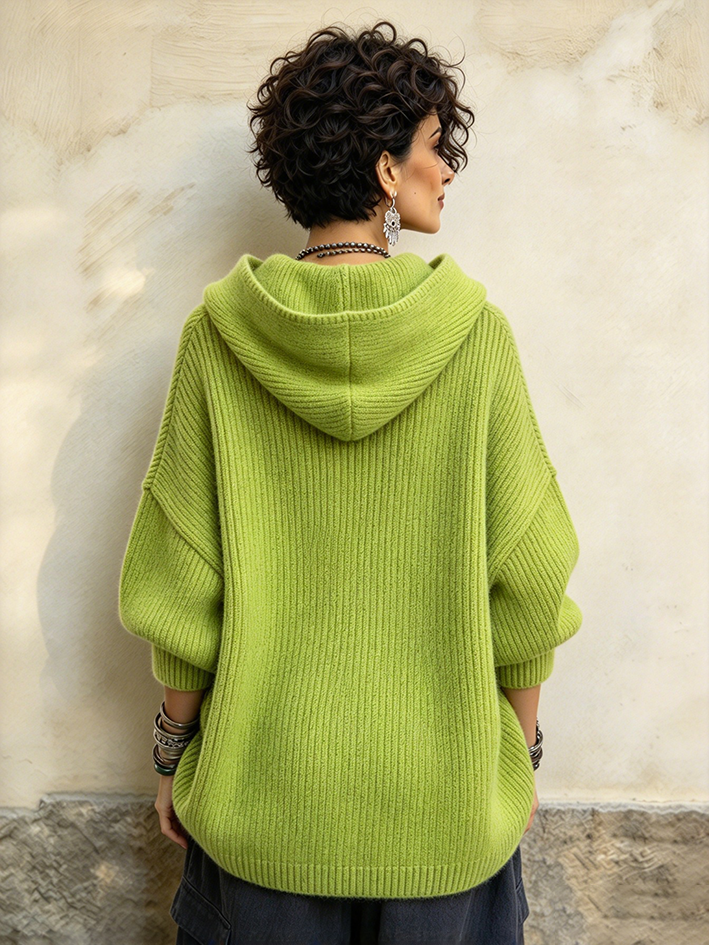 Chic Oversized Ribbed Asymmetrical Button Hooded Sweater