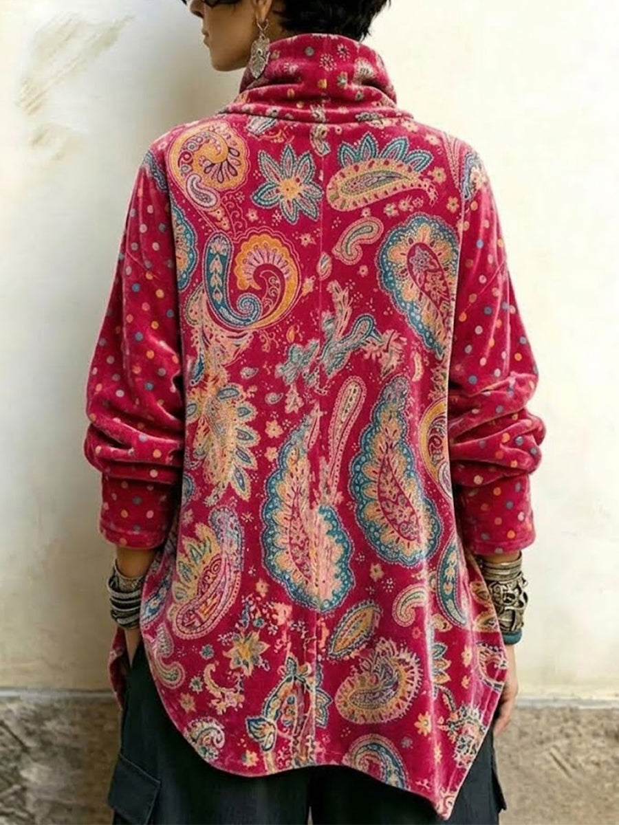 Velvet High-neck Top Featuring A Vintage Paisley Print And An Asymmetrical Button-front Design