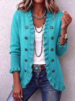 Turquoise Ruffle Trim Double-Breasted Knit Cardigan