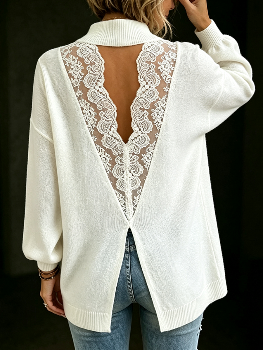 Elegant Cozy V-shaped Lace Back Panel White Knit Tunic Sweater