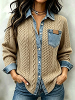 Casual Denim-Paneled Cable-Knit Shirt Jacket