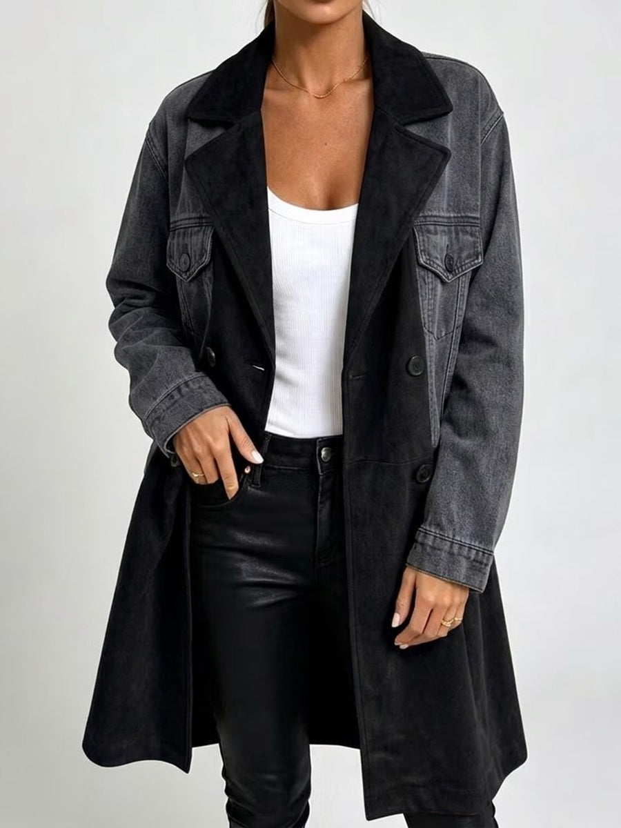 Relaxed-fit Mid-length Denim Trench Coat With Faux Suede Paneling