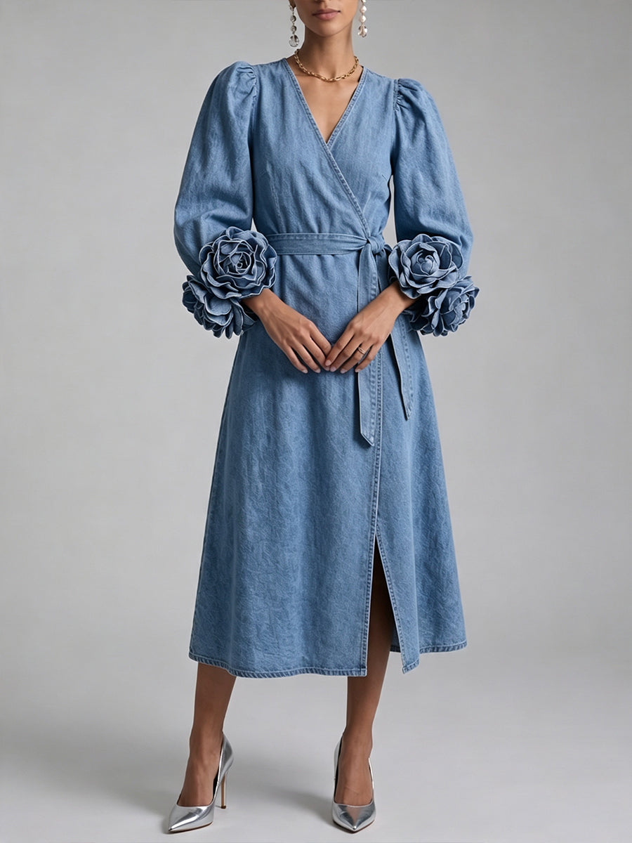 Stylish Denim Midi Wrap Skirt With 3d Rose Cuff Detail