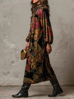 Vintage-style Printed Velvet Midi Dress