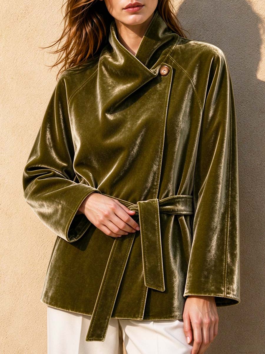 Women's Solid-color Loose-fit Velvet Jacket With Long Sleeves And A Slouchy Collar