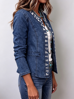 Elegant Rhinestone Trim Stretch Denim Jacket