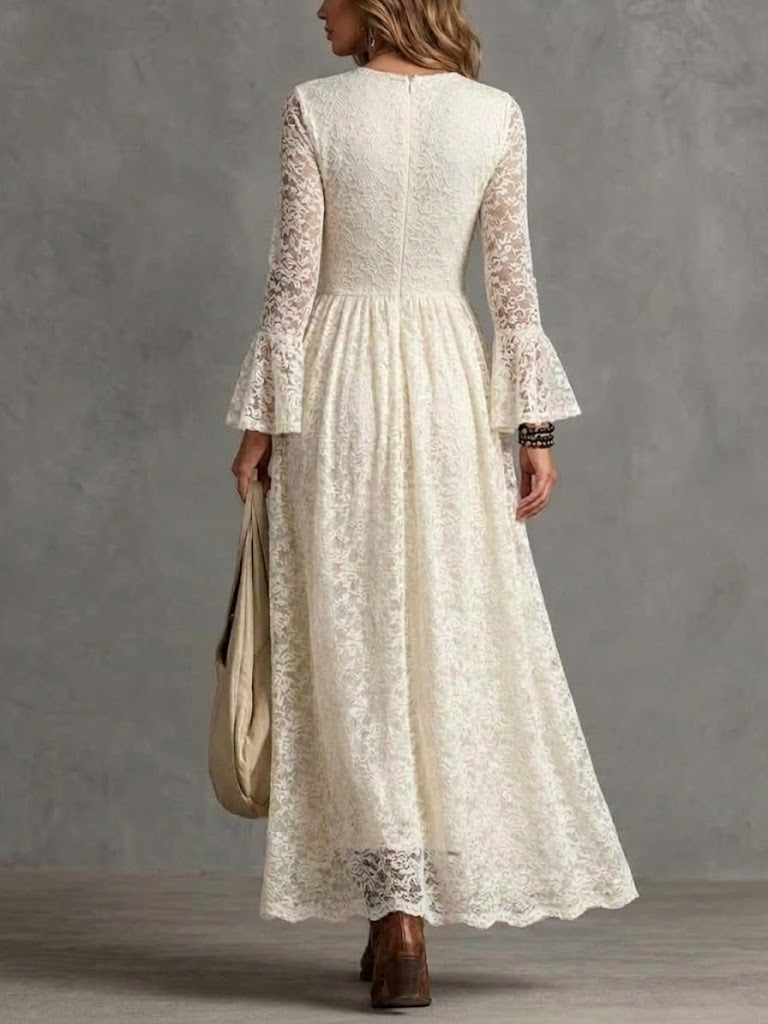 V-neck Lace Maxi Dress With Flared Long Sleeves