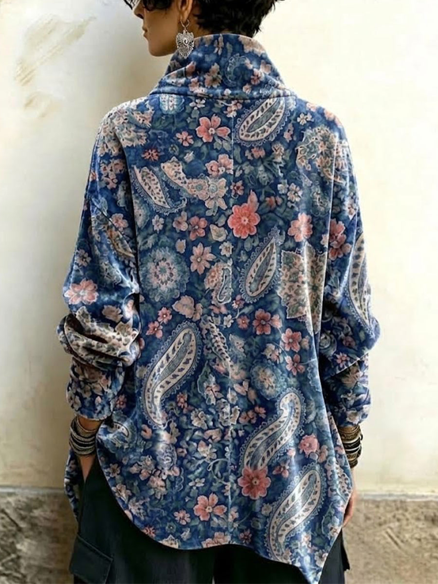 Velvet High-neck Top Featuring A Vintage Floral Paisley Print And An Asymmetrical Button-front Design