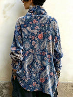 Velvet High-neck Top Featuring A Vintage Floral Paisley Print And An Asymmetrical Button-front Design