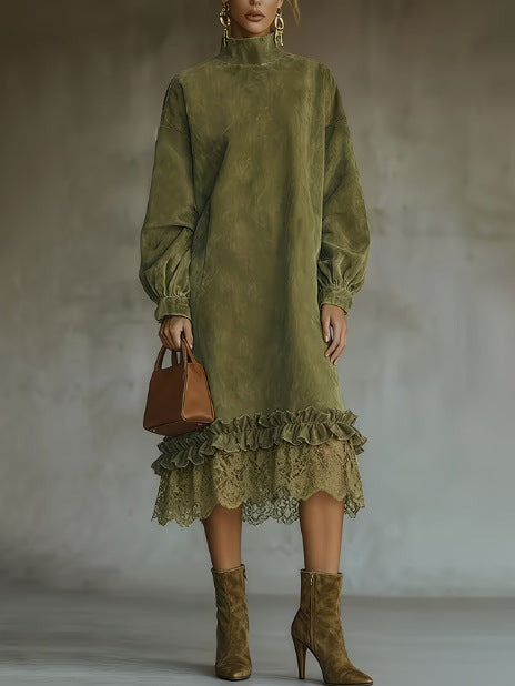 Chic And Elegant Midi Dress Featuring Faux Suede Paneling And A Lace Hem.