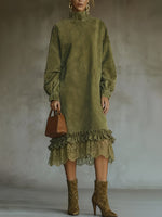 Chic And Elegant Midi Dress Featuring Faux Suede Paneling And A Lace Hem.
