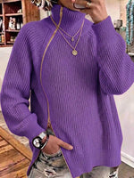 Women's Solid-Color High-Neck Long-Sleeve Loose-Fit Knit Top with Toggle Zipper