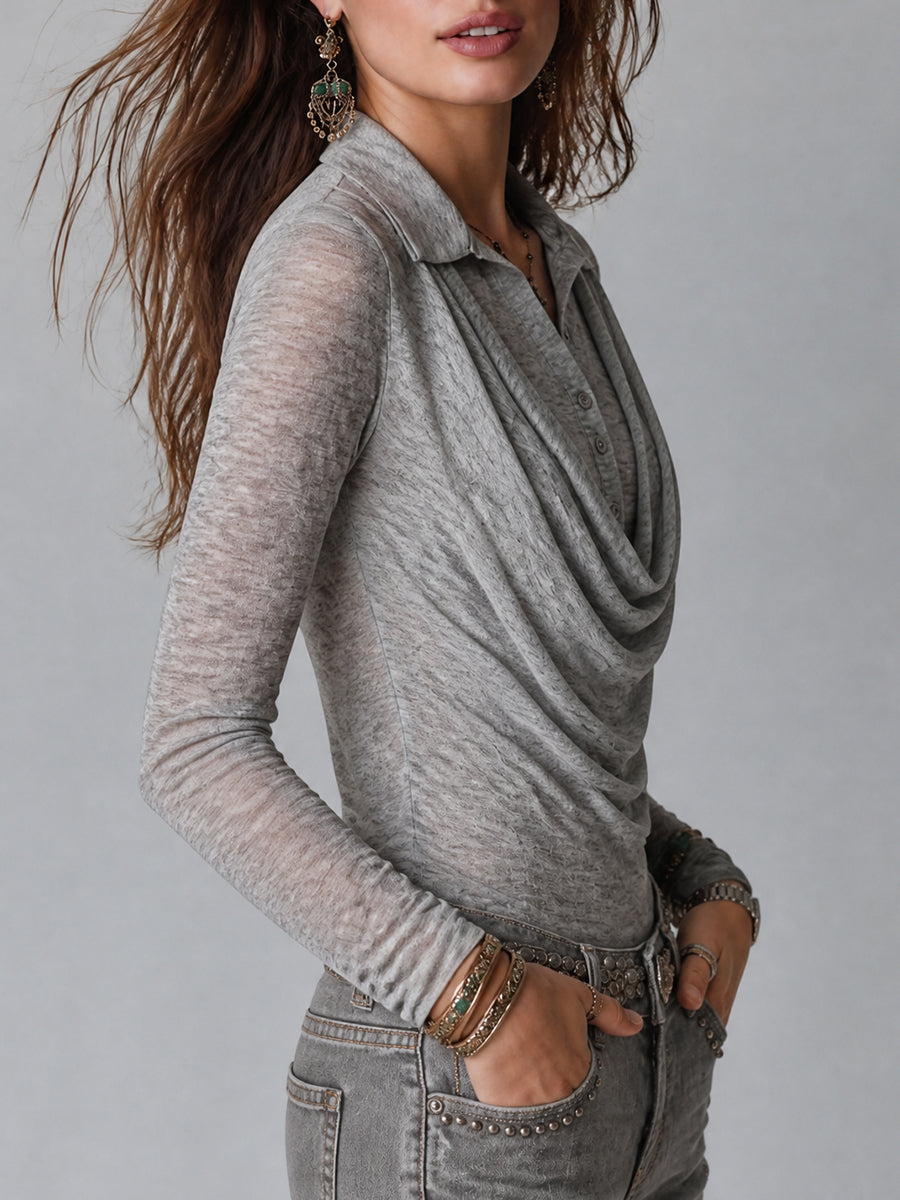 Sheer Knit Polo Shirt With A Draped, Stacked Collar