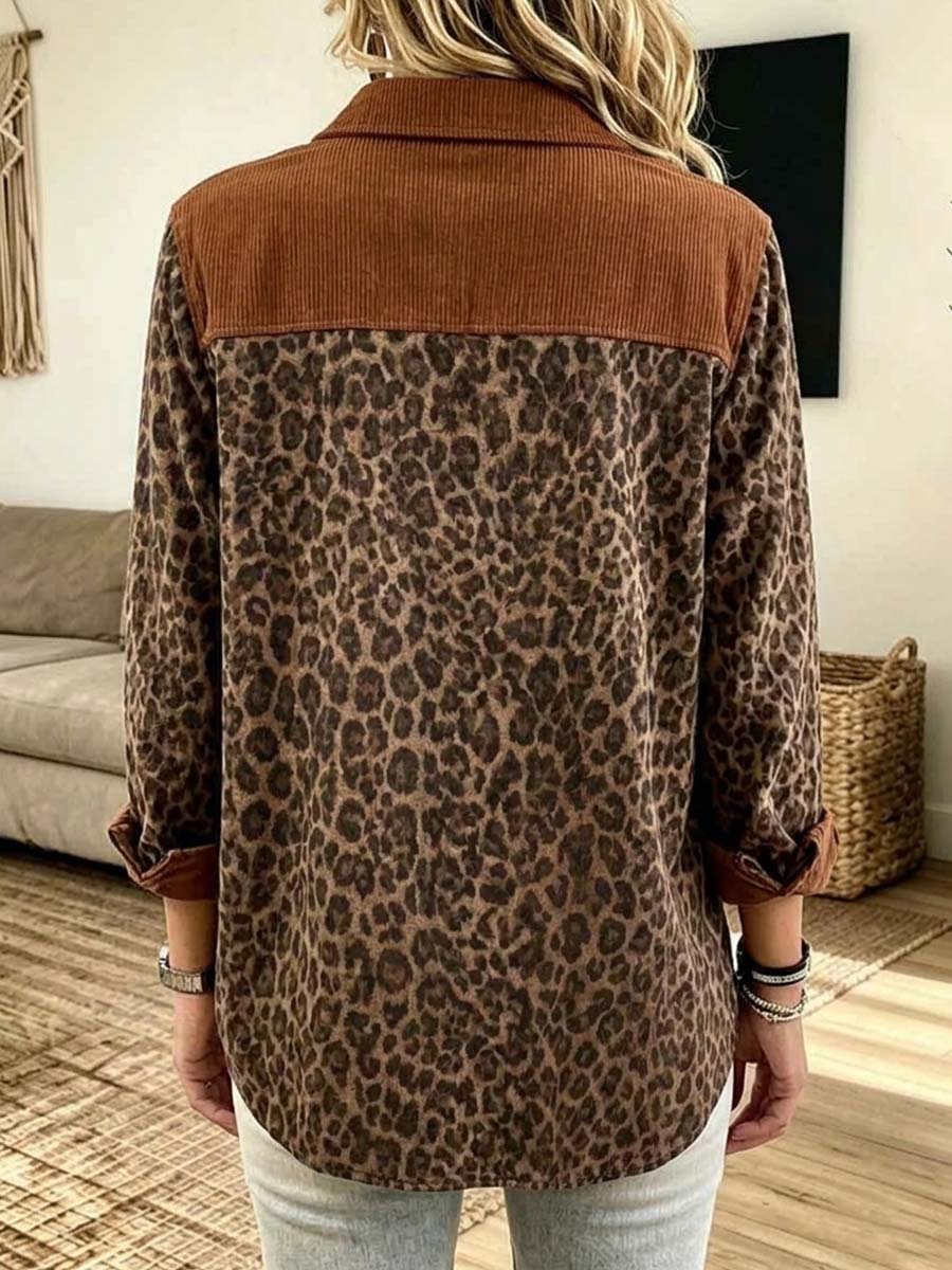 Women's Long-sleeve Corduroy Shirt With Leopard Print Panels, Lapel Collar, And Loose Casual Fit