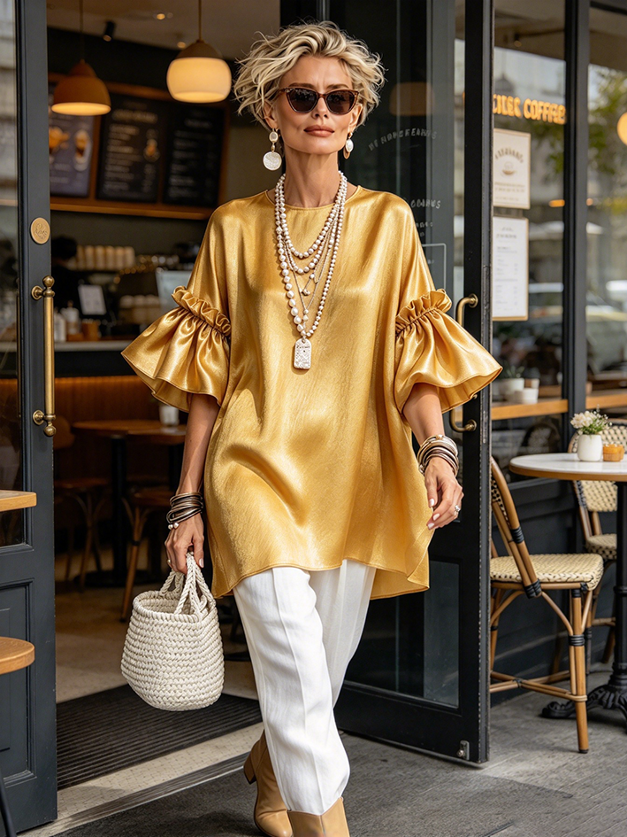Chic Luxurious Golden Satin Ruffled Flared Sleeve Top