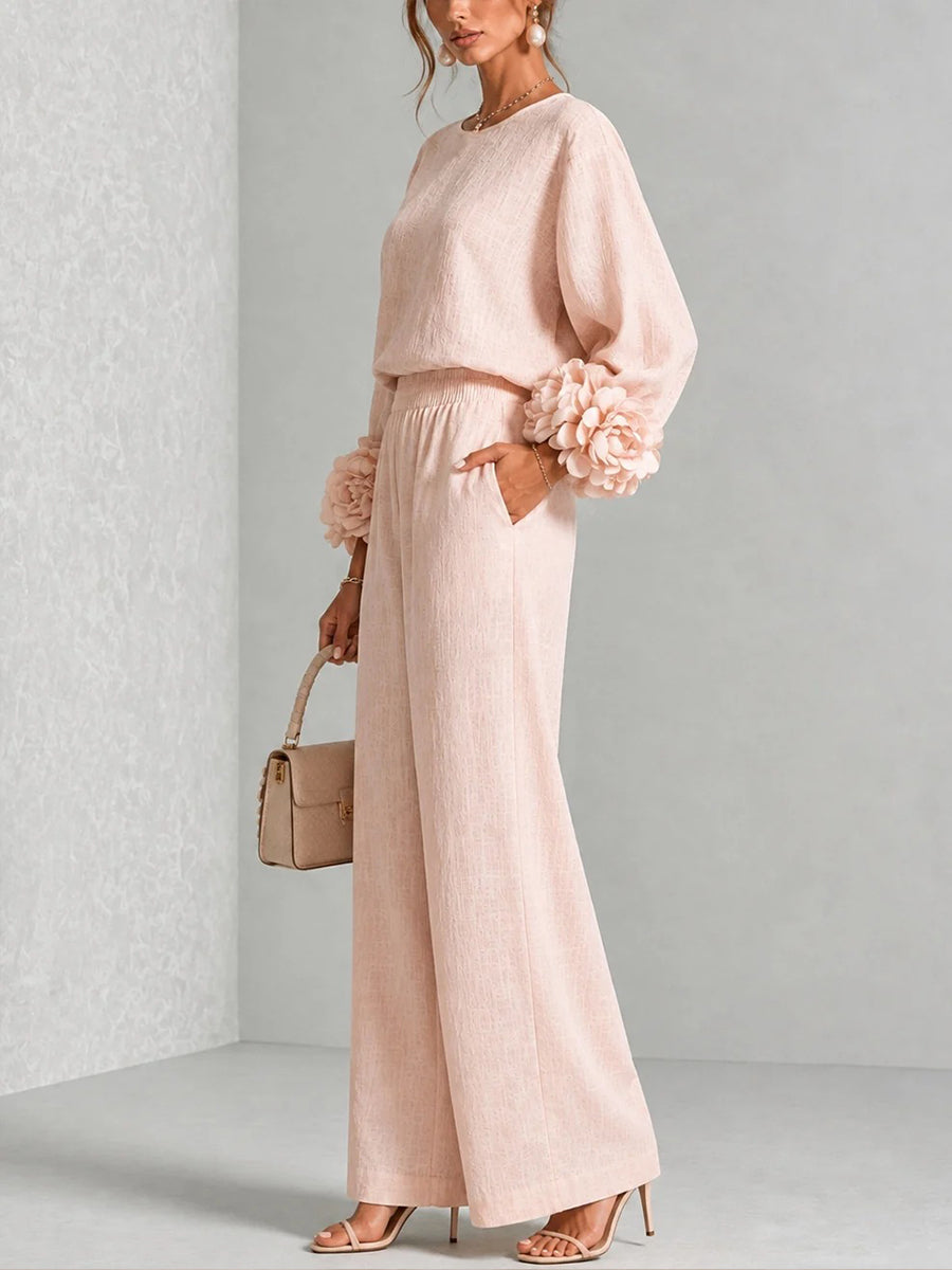 Chic 3D Rosette Sleeve Two-Piece Set