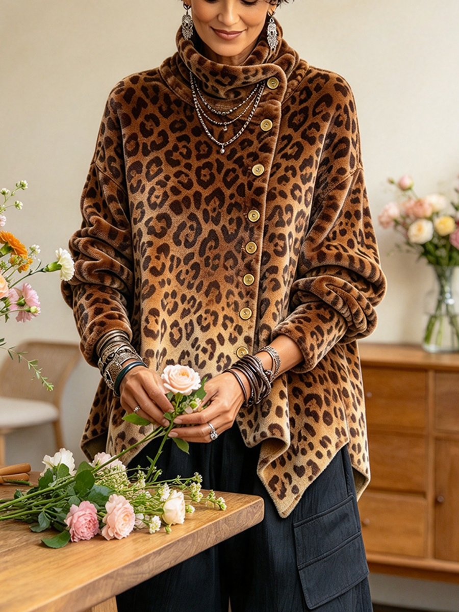Bold Leopard Print Asymmetrical High-neck Velvet Top