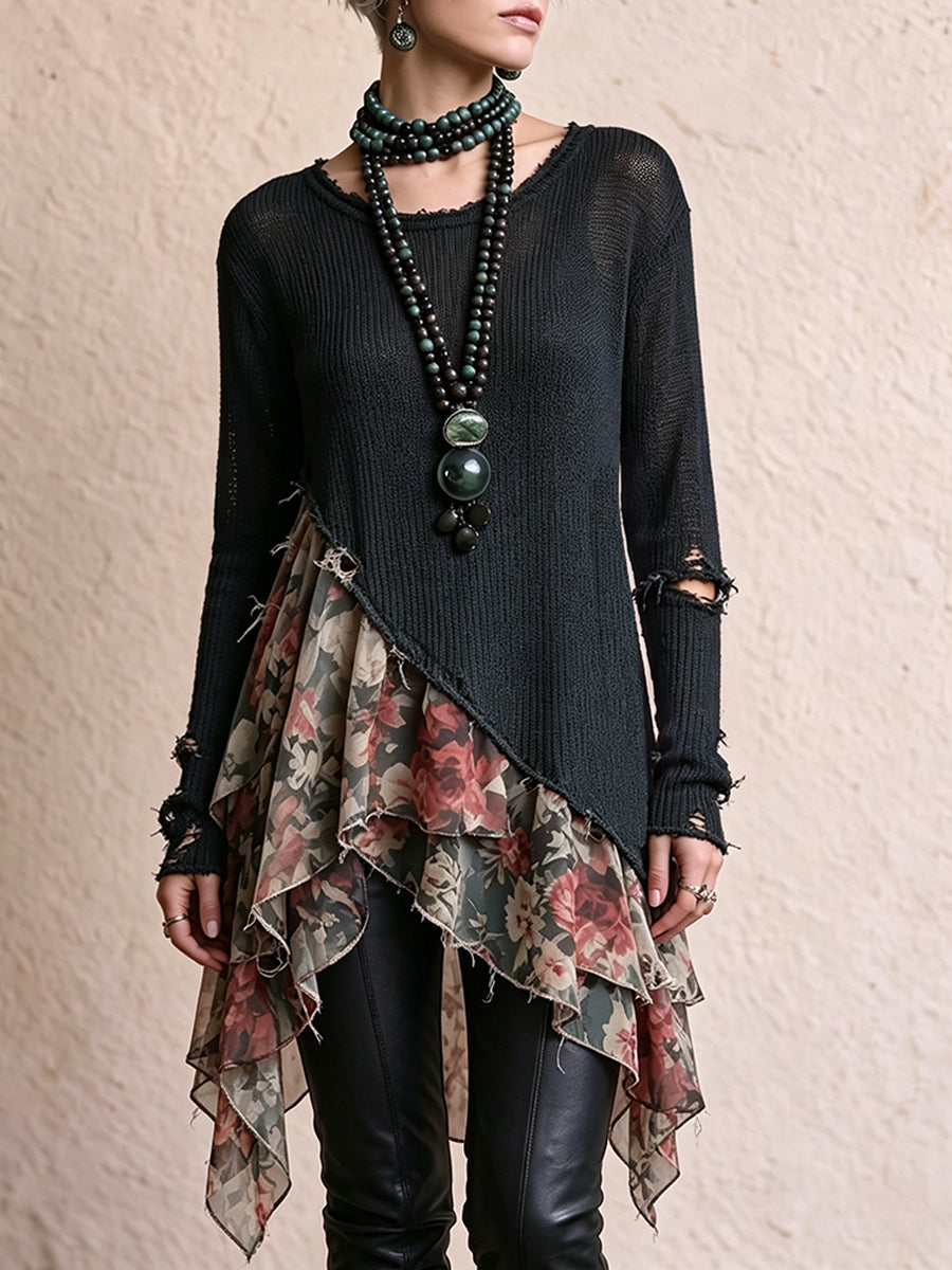 Chic Black Distressed Knit and Floral Asymmetric Tunic