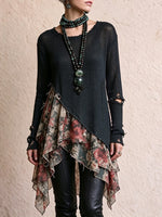 Chic Black Distressed Knit and Floral Asymmetric Tunic