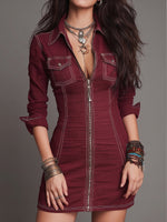 Chic Contrast-Stitch Zip-Front Denim Mini Dress
