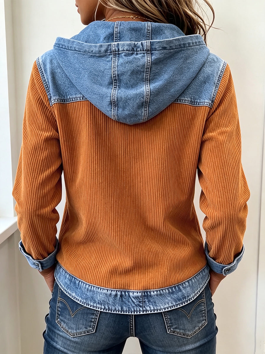 Chic Caramel Corduroy and Denim Patchwork Hooded Top