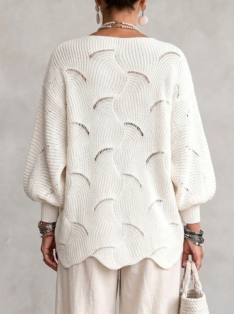 Loose-fit Knit Top With V-neck, Lace Inserts, Cut-out Details, And A Wavy Pattern