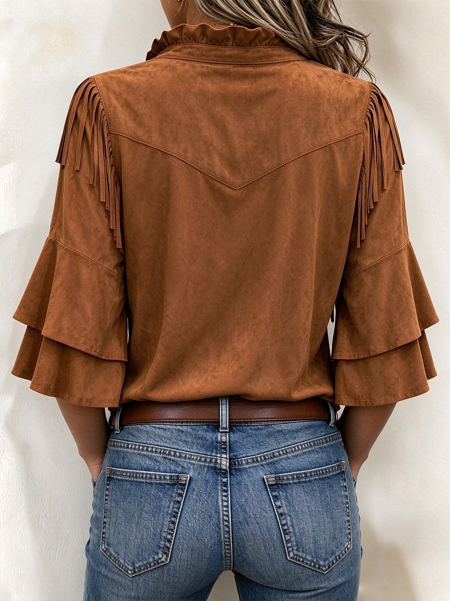 Western Fringe Fux-Suede Button-Down Top