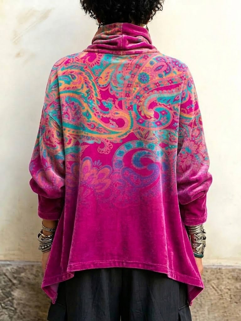 Vintage-style Paisley Print Velvet Long Top