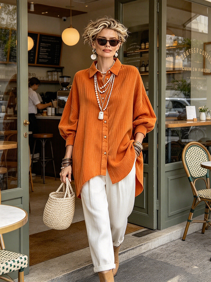 Chic Vintage Textured Orange Button-down Long Sleeve Shirt