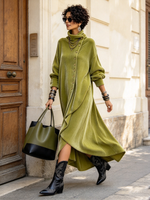 Artistic Asymmetric High Collar Velvet Maxi Dress