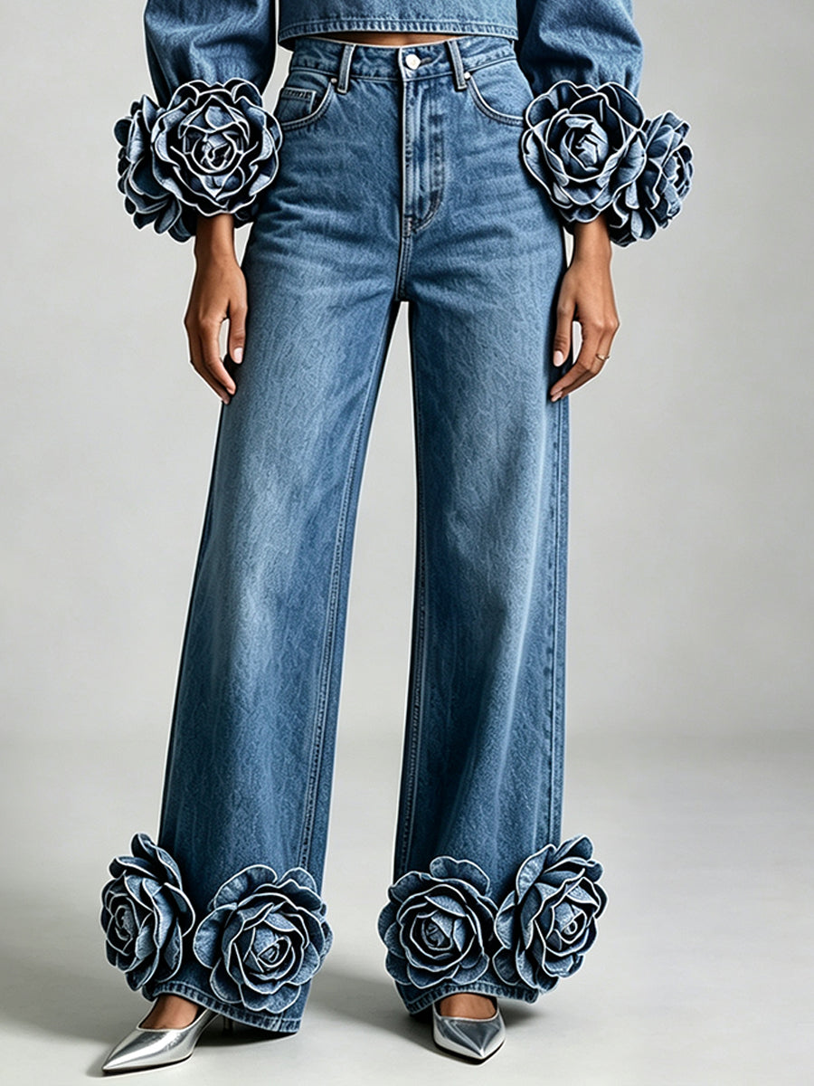 Stylish Casual Denim Jeans With 3d Floral Details