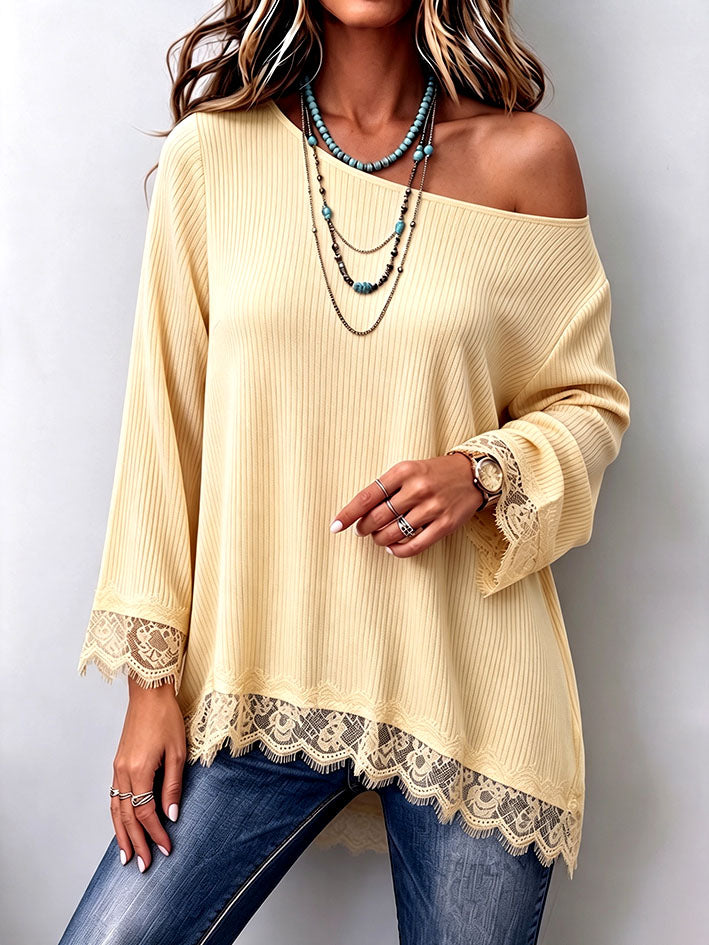 Cozy Creamy Yellow Off-shoulder Lace-trimmed Soft Knit Sweater