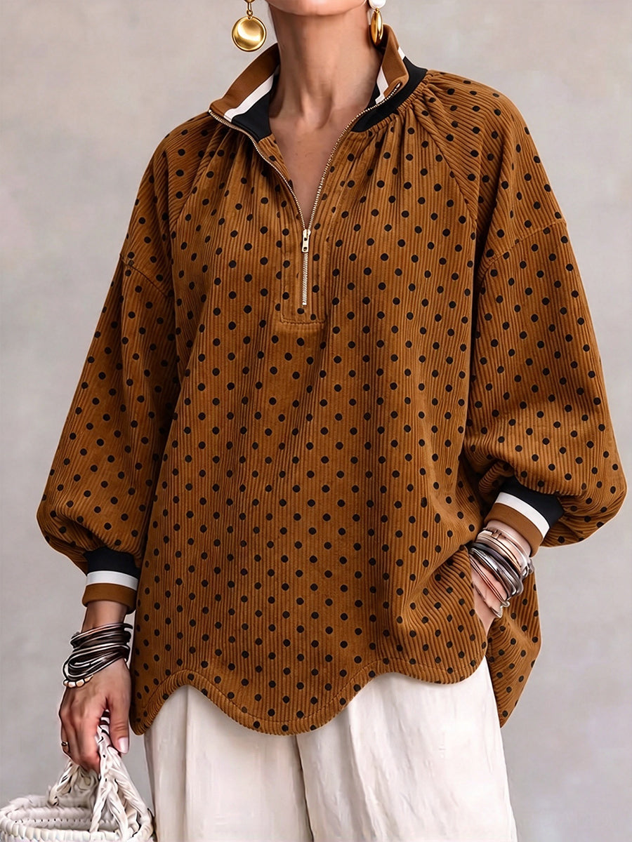Chic Polka Dot Corduroy Zip-Up Pullover