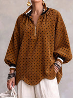 Chic Polka Dot Corduroy Zip-Up Pullover