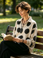 Cozy Oversized Polka Dot Lapel Collar Knit Top