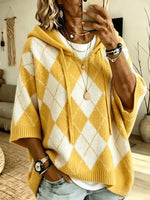 Checked-print Casual Hooded Knit Drawstring Sweatshirt