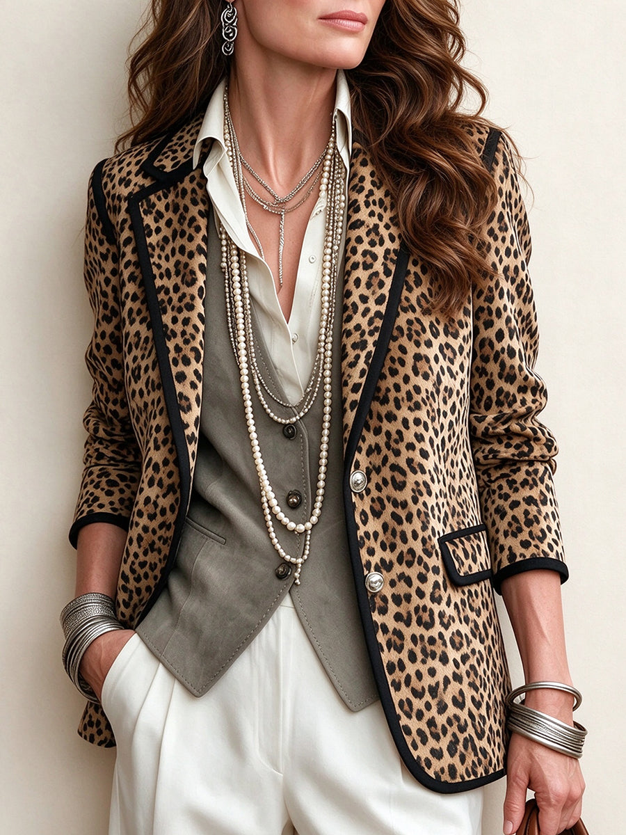 Leopard Print Contrast Trim Blazer