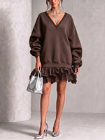 Chic Oversize V-Neck Lace-Trimmed Sweatshirt Mini Dress