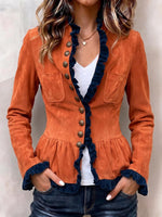 Women's Vintage Suede-Like Peplum Jacket with Ruffle Trim.