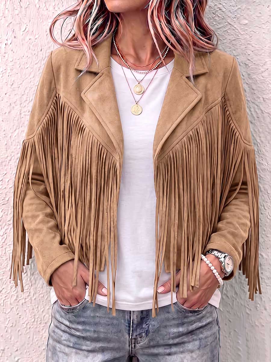 Women's Solid Color Lapel Long-sleeved Casual Loose Tassel Jacket