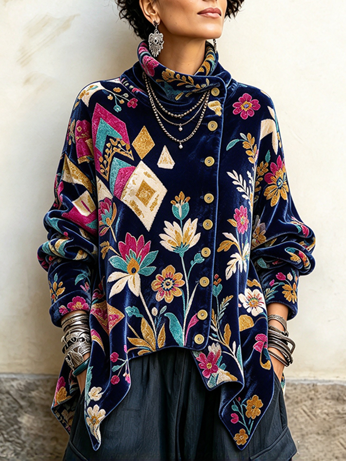 Vintage Floral And Geometric Asymmetrical Turtleneck Top