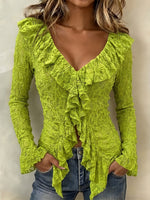Chic Ruffled Lace Textured V-neck Top