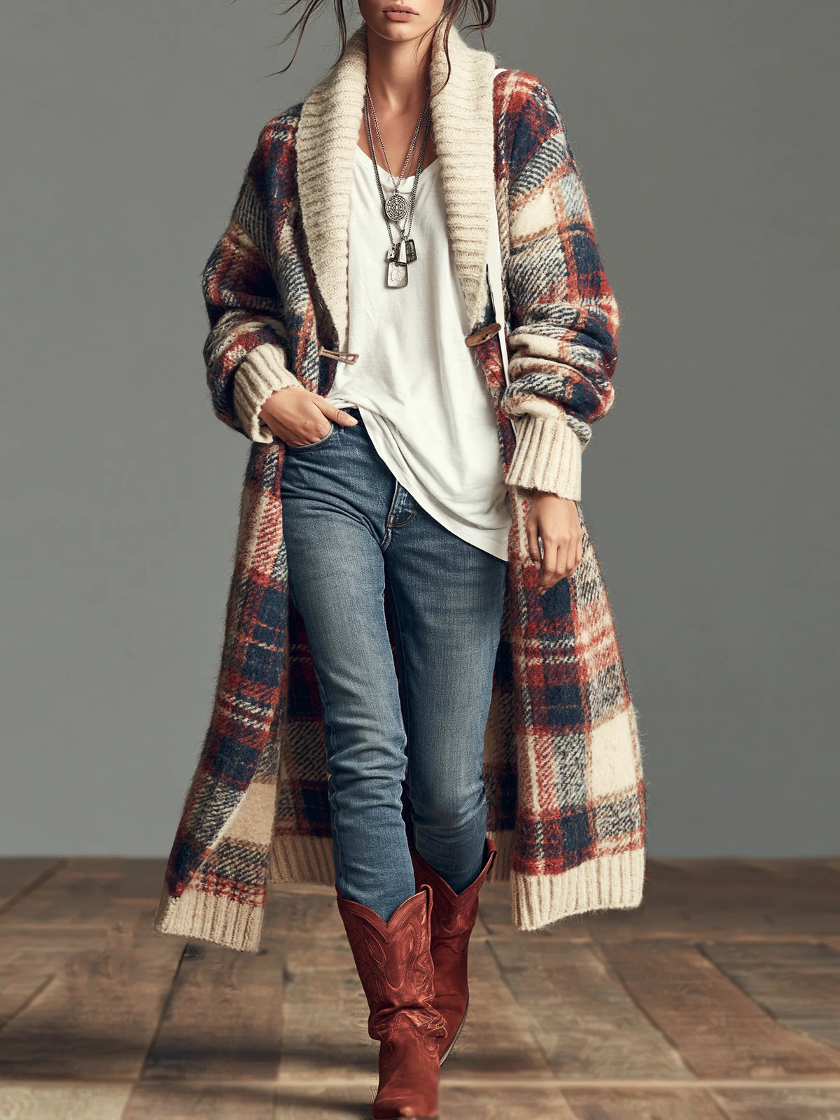 Relaxed-fit Casual Long Plaid Knit Cardigan