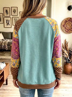 Boho Color-block Floral Paisley Polka Dot Raglan Crewneck Sweatshirt Jacket