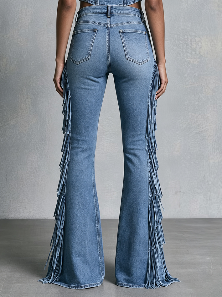 Boho Chic Western Fringe Stretch Denim Flare Jeans