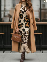 Bohemian Leopard-print Sleeveless Turtleneck Knit Midi Dress