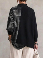 Mock Neck Plaid Spliced Asymmetrical Loose Knit Sweater