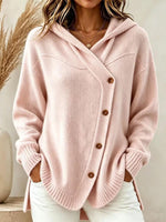 Women's Solid Color V-neck Long-sleeve Casual Loose Hooded Knit Cardigan