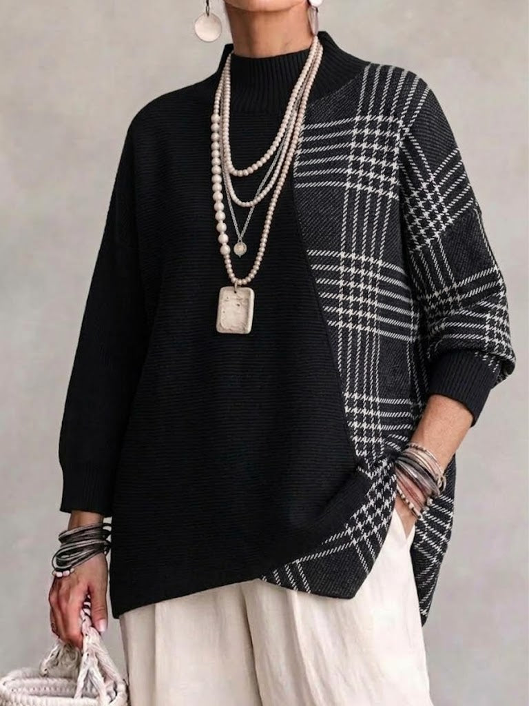 Mock Neck Plaid Spliced Asymmetrical Loose Knit Sweater