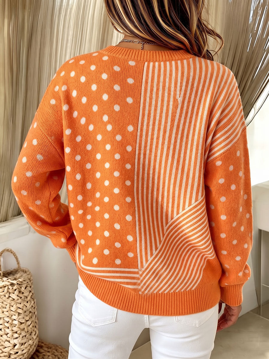 Chic Vibrant Orange Mixed-pattern Knit Sweater